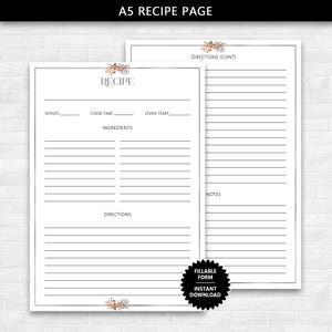Página de receitas A5 com um toque de borda de outono, página de receitas com formulário preenchível, página de receitas para impressão, página de receitas A5 para download instantâneo