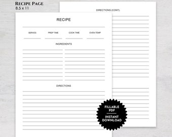 Printable 8.5 X 11 Recipe Page With Minimalist Design, Fillable Recipe ...