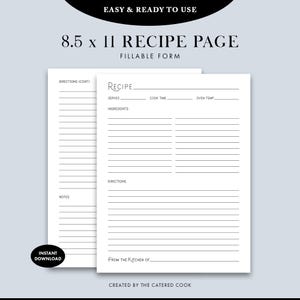 Pode incluir: Duas páginas de receitas brancas de 21,6 x 27,9 cm com texto e linhas pretas. Os formulários incluem campos para nome, porções, tempo de cozedura, temperatura, ingredientes, instruções, notas e da cozinha de. Texto: EASY & READY TO USE.