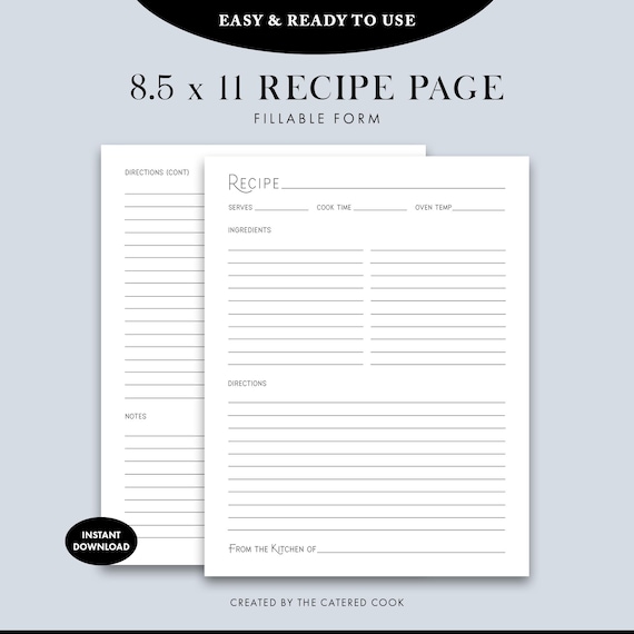 Recipe Page With a Stylish Title, Fillable Form Recipe Page, Printable 8.5 x 11 Instant Download PDF