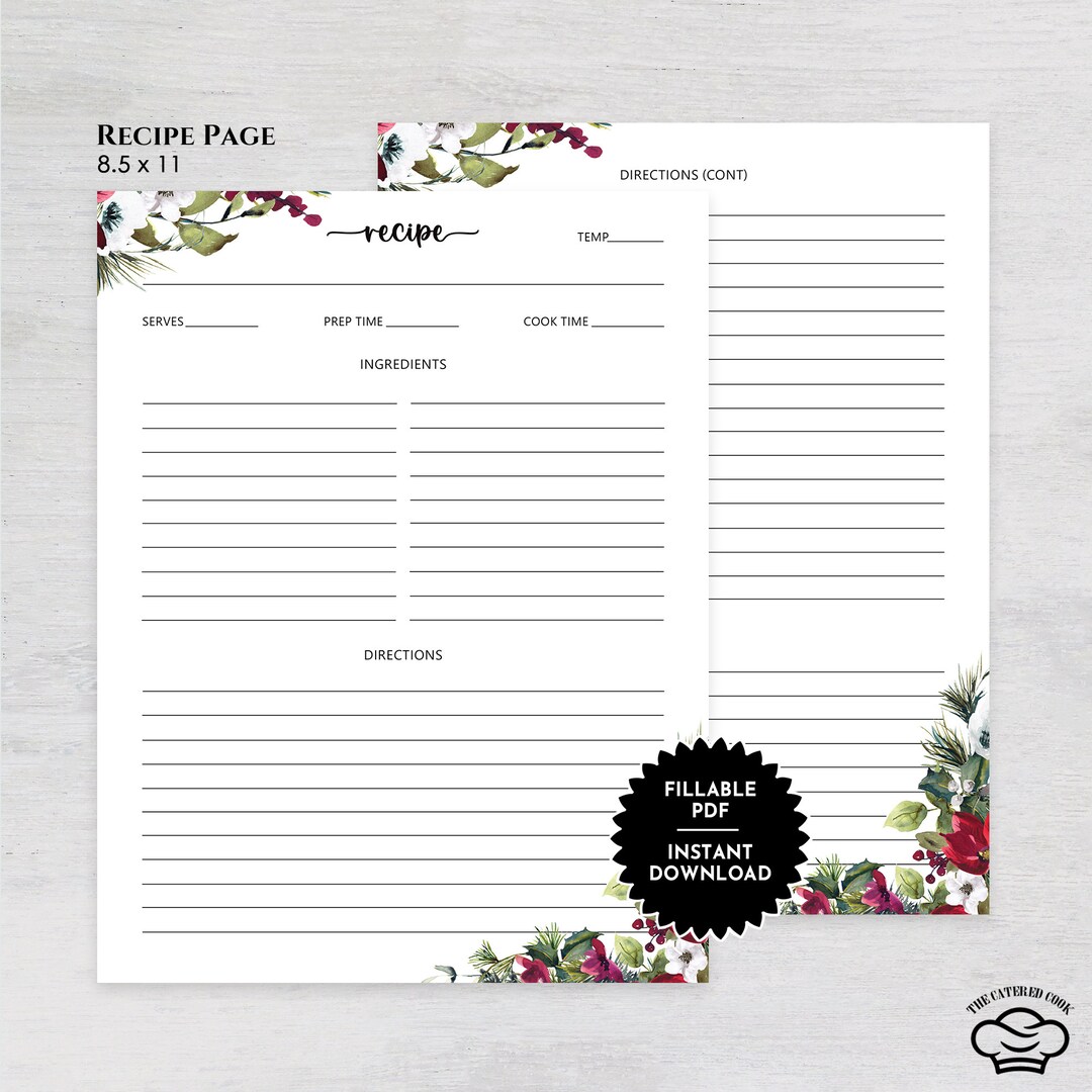 Printable 8.5 X 11 Recipe Page With Beautiful Red Flowers, Fillable 8.5 ...