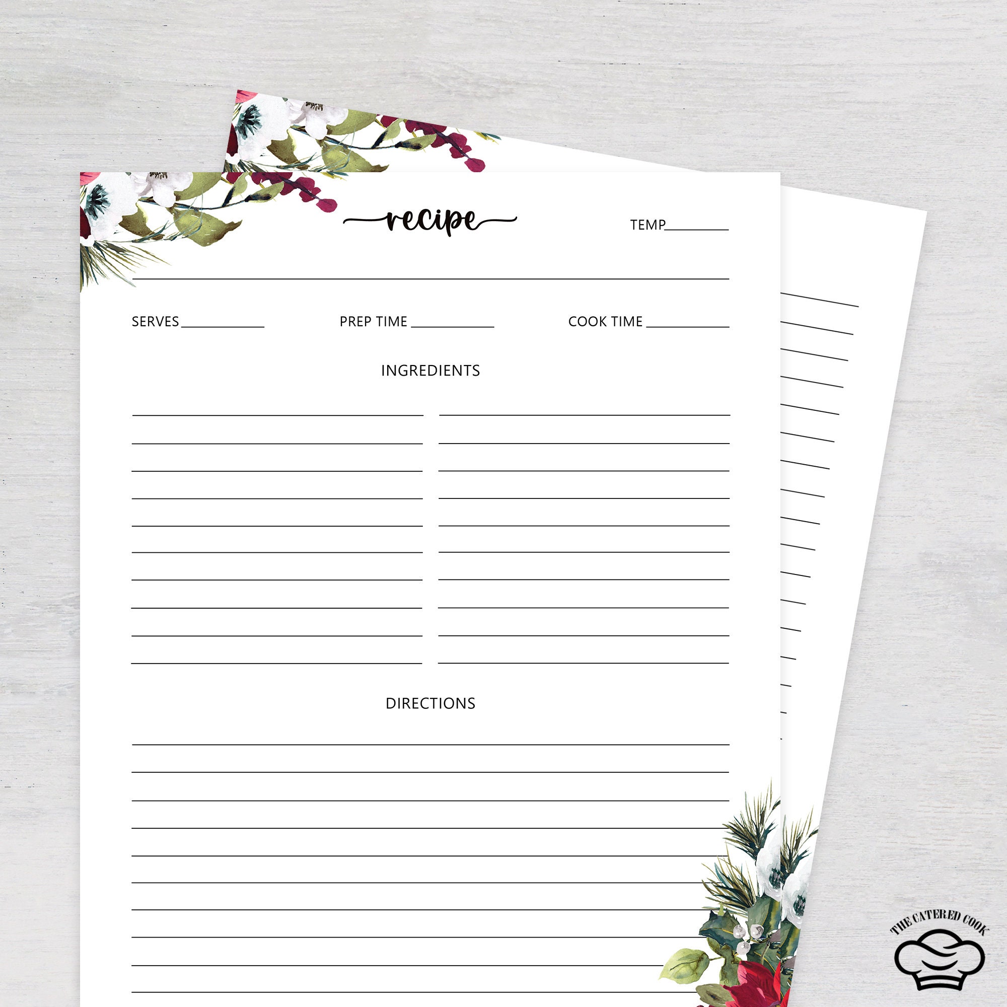 Printable 8.5 X 11 Recipe Page With Beautiful Red Flowers, Fillable 8.5 ...