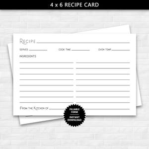 Cartão de receita 4 x 6 para impressão com um título elegante, cartão de receita de formulário preenchível para cozinhar, cartão de receita em branco, cartão de receita para download instantâneo