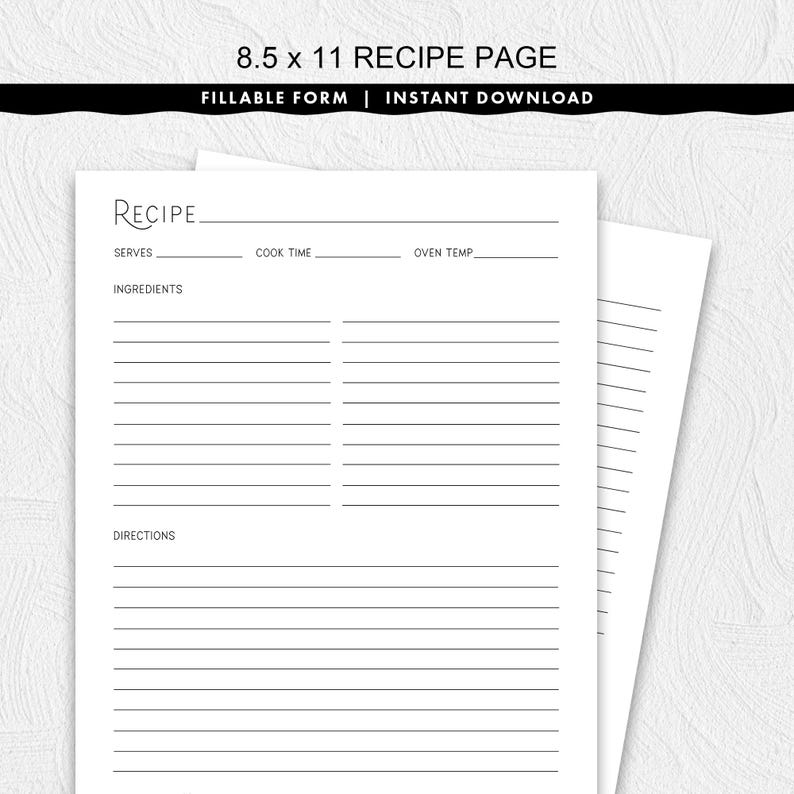 Ausfüllbare 8,5 x 11 Rezeptseite mit einem stilvollen Titel, druckbarer Sofortdownload Bild 4