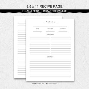 Fillable 8.5 x 11 Recipe Page With a Fancy Style Title, Printable Instant Download