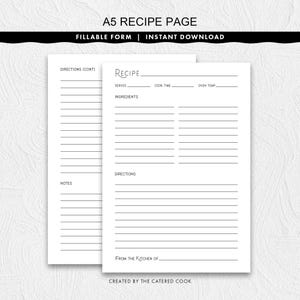 Fillable A5 Recipe Page a Stylish Title, Printable Instant Download