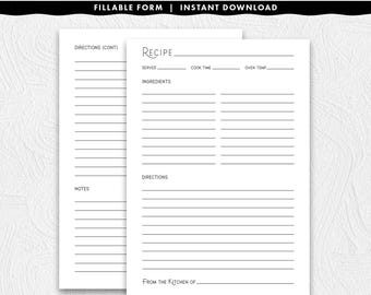 Fillable A5 Recipe Page a Stylish Title, Printable Instant Download