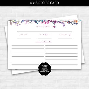 Carte de recette imprimable 4 x 6 avec motif floral de vigne, carte de recette à remplir pour cuisiner, carte de recette vierge, carte de recette à téléchargement immédiat