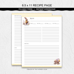Ausfüllbare 8,5 x 11 Rezeptseite mit Osterhasen und gelb gestreiftem Rand, zum ausdrucken, sofort herunterladen