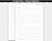 Fillable 8.5 x 11 Recipe Page With a Stylish Title, Printable Instant Download
