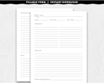 Página de recetas rellenable de 8,5 x 11 con un título elegante, imprimible y descarga instantánea.