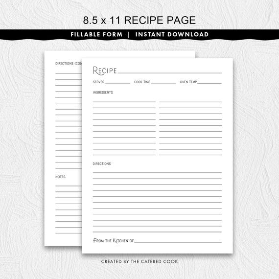 Fillable 8.5 x 11 Recipe Page With a Stylish Title, Printable Instant Download