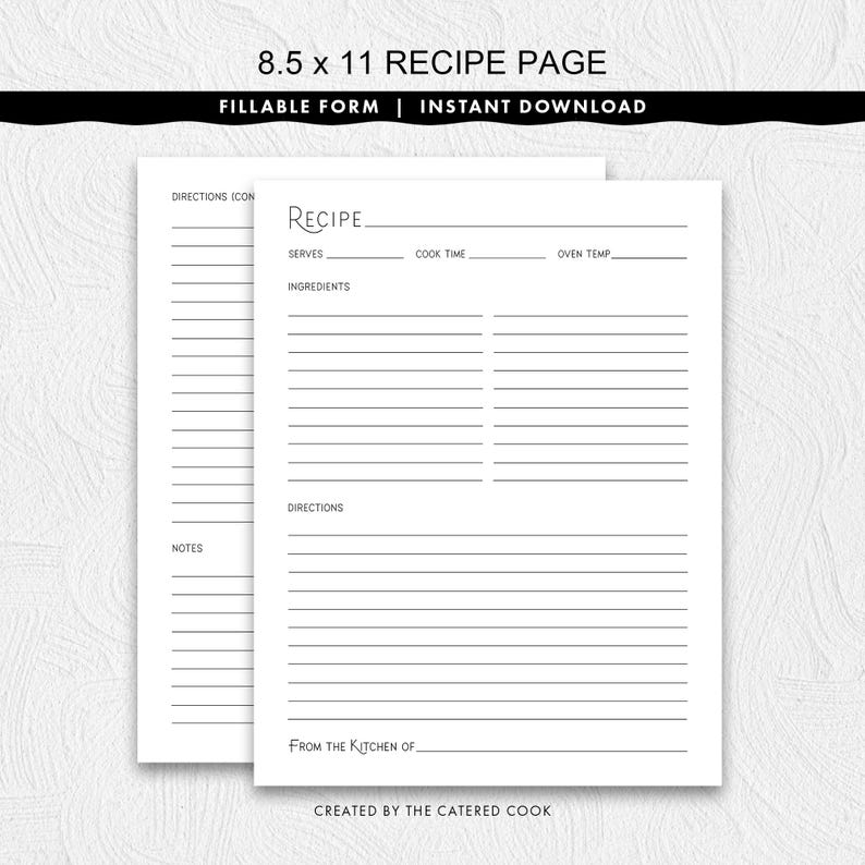Ausfüllbare 8,5 x 11 Rezeptseite mit einem stilvollen Titel, druckbarer Sofortdownload Bild 1