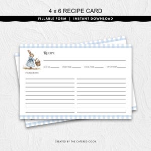 Tarjeta de recetas rellenable de 4 x 6 con conejito de Pascua y borde de cuadros azules. Descarga instantánea imprimible.