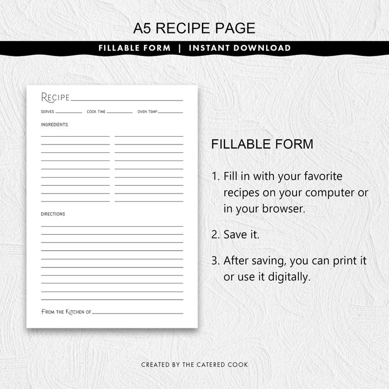 Fillable A5 Recipe Page a Stylish Title, Printable Instant Download - Etsy