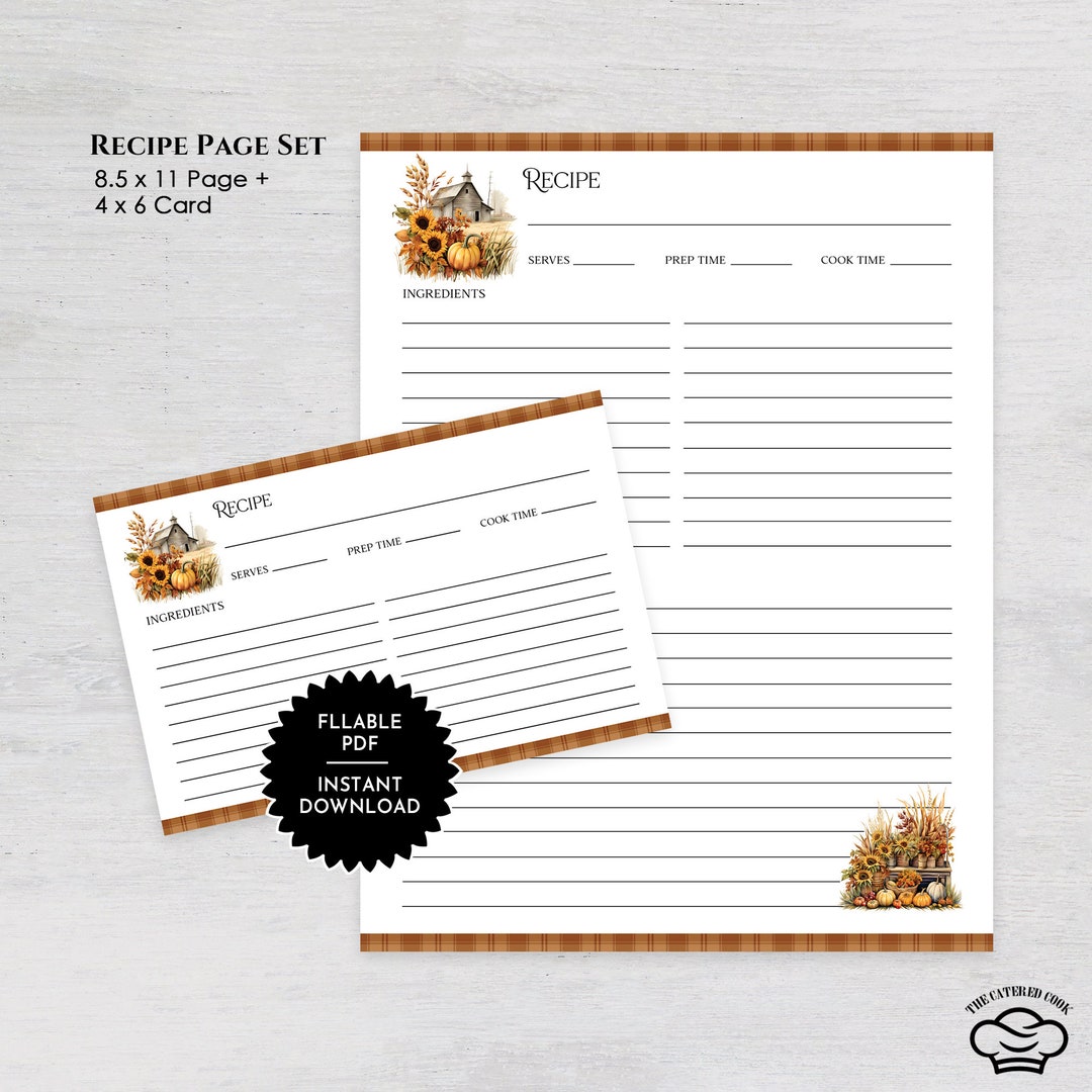 Printable 8.5 X 11 Recipe Page and Card Set With a Rustic Fall Scene ...
