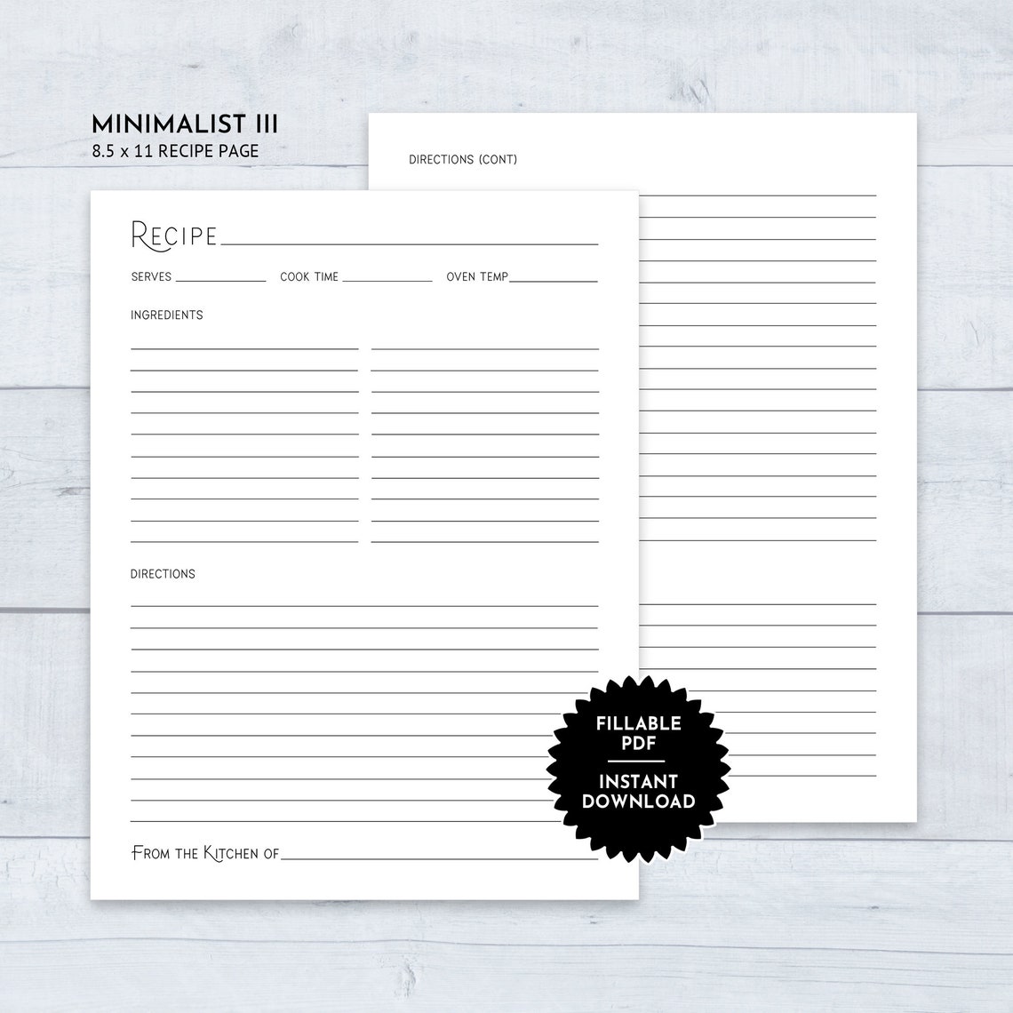 Printable 8.5 X 11 Recipe Page With Minimalist Design - Etsy