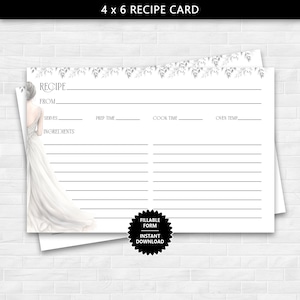4 x 6 Rezeptkarte mit Hochzeitskleid Design, ausfüllbare Rezeptkarte, druckbare Rezeptkarte, Geschenk für die Braut, Instant Download Rezeptkarte