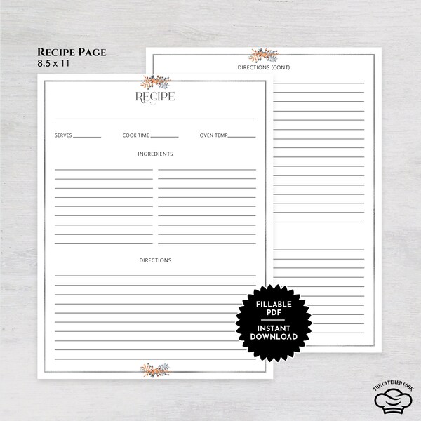 Printable 8.5 x 11 Recipe Page With a Touch of Fall, Fillable Recipe Page, Blank Recipe Page, Gift for Her, Instant Download Recipe Page