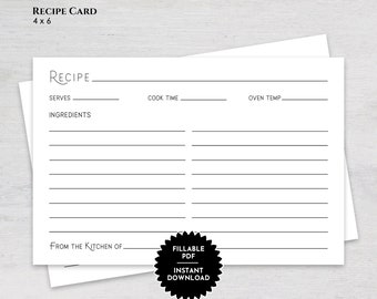 Printable 4 x 6 Recipe Card With Minimalist Design, Fillable Recipe Card, Blank Recipe Card, Gift for Her, Instant Download Recipe Card