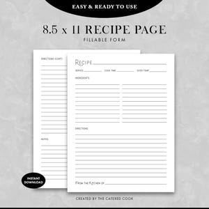Página de recetas con un título elegante, formulario rellenable, imprimible en formato PDF de 8.5 x 11 pulgadas, descarga instantánea.