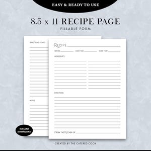 Recipe Page With a Stylish Title, Fillable Form Recipe Page, Printable 8.5 x 11 Instant Download PDF
