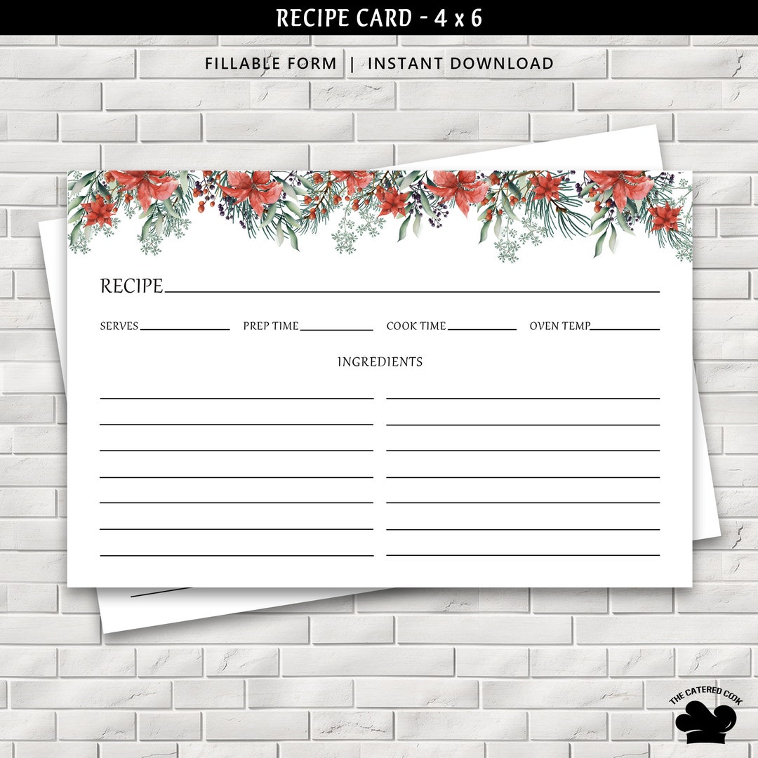 Printable 4 X 6 Recipe Card With Red Floral Header, Fillable Recipe ...