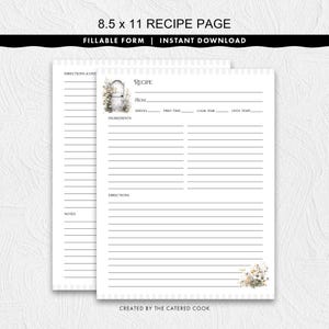 Fillable 8.5 x 11 Recipe Page With Rustic Wooden Door and Spring Theme, Printable Instant Download