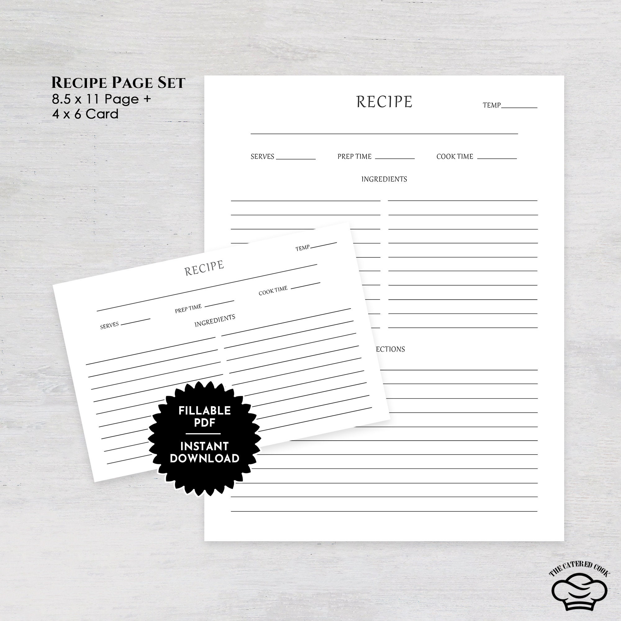Printable 8.5 X 11 Recipe Page and Card Set With Minimalist Style ...