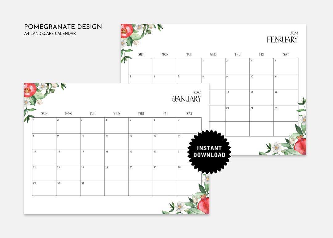 2023 printable a4 monthly calendar with pomegranate design etsy