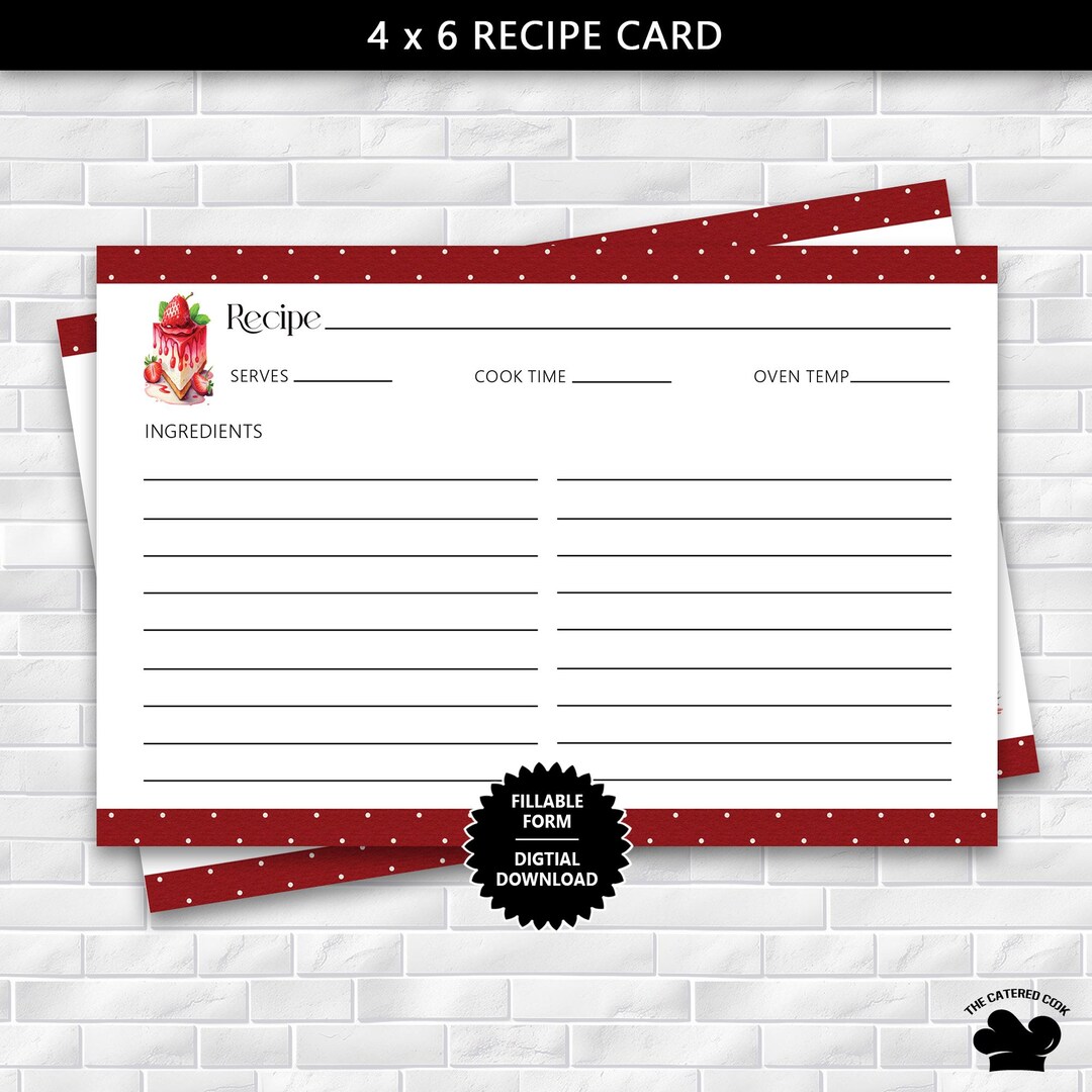 Printable 4 X 6 Recipe Card With Strawberry Cheesecake, Fillable Recipe ...