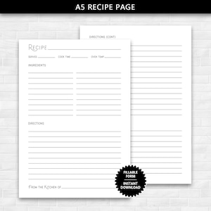 Printable A5 Recipe Page with a Stylish Title, Fillable Form Recipe Page for Cooking, Blank Recipe Page, Instant Download A5 Recipe Page