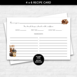 Tarjeta de recetas imprimible de 4 x 6 con diseño de amante del café, tarjeta de recetas rellenable para cocinar, tarjeta de recetas en blanco, tarjeta de recetas de descarga instantánea
