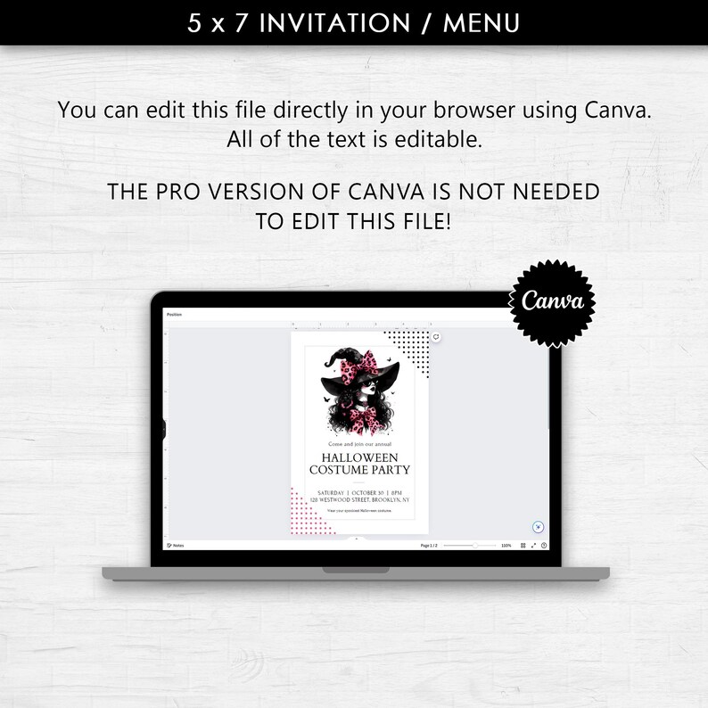 Editable Canva Halloween Pink Witch Invitation Menu Template, Printable ...
