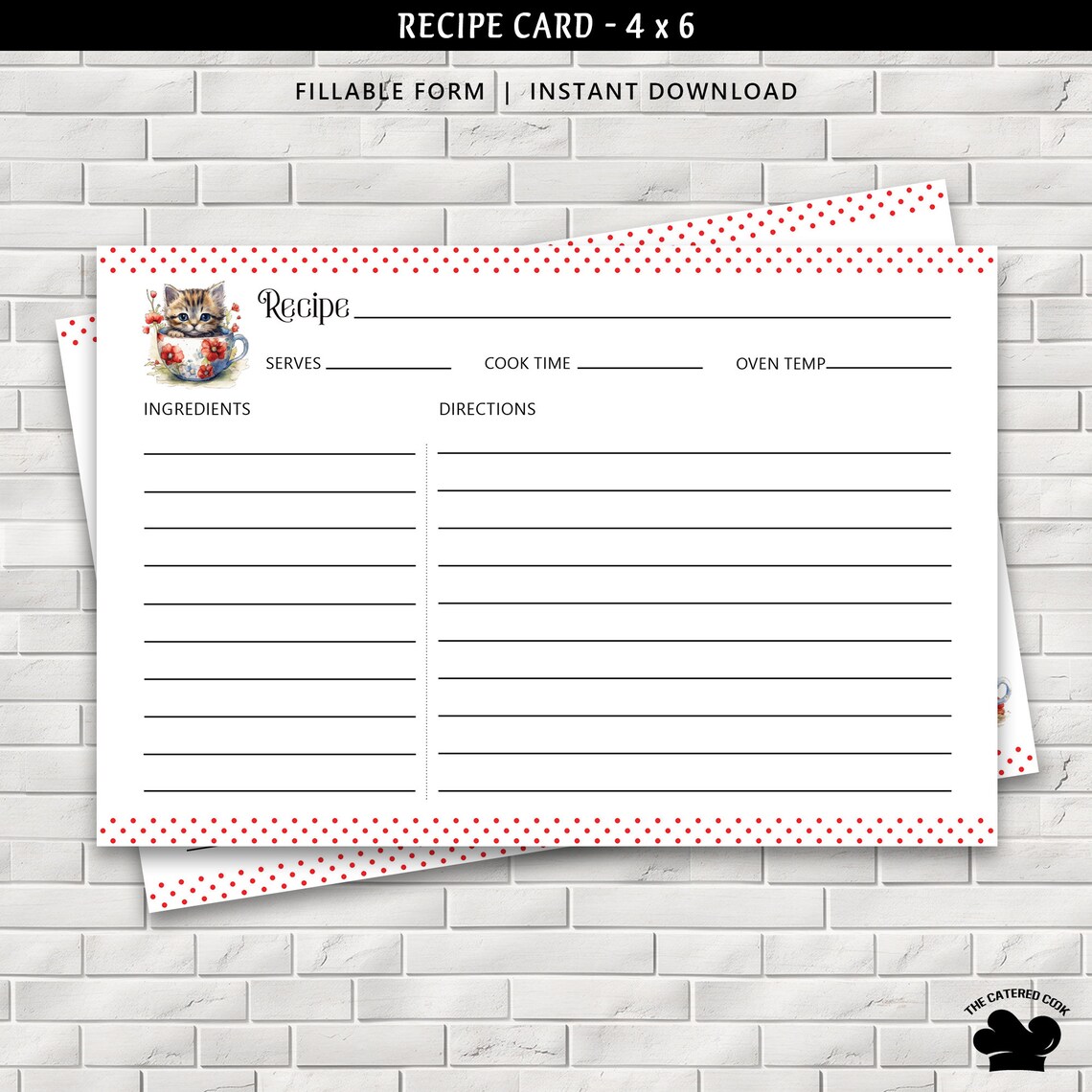 Printable 4 X 6 Recipe Card With Teacup Kittens, Fillable Recipe Card ...