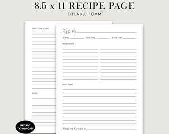 Recipe Page With a Stylish Title, Fillable Form Recipe Page, Printable 8.5 x 11 Instant Download PDF