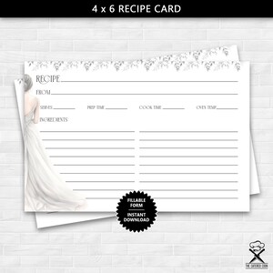4 x 6 Rezeptkarte mit Hochzeitskleid Design, ausfüllbare Rezeptkarte, druckbare Rezeptkarte, Geschenk für die Braut, Instant Download Rezeptkarte