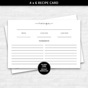Cartão de receita 4 x 6 para impressão com um título de estilo extravagante, cartão de receita de formulário preenchível para cozinhar, cartão de receita em branco, cartão de receita para download instantâneo