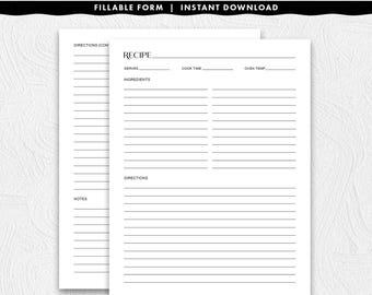 Ausfüllbare Rezeptseite mit minimalistischem Design, 21 x 39 cm, Sofort Download