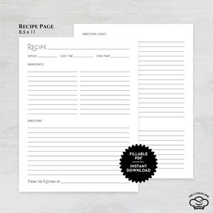 Printable 8.5 x 11 Recipe Page With Minimalist Design, Fillable Recipe Page, Blank Recipe Page, Gift for Her, Instant Download Recipe Page