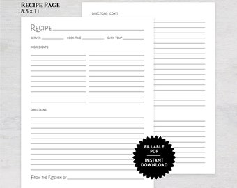 Afdrukbare 8,5 x 11 receptpagina met minimalistisch ontwerp, invulbare receptpagina, blanco receptpagina, cadeau voor haar, Instant Download receptpagina