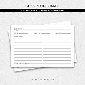 Fillable 4 x 6 Recipe Card With a Stylish Title, Printable Instant Download