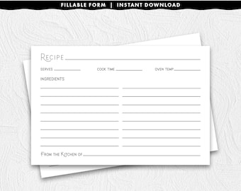 Fillable 4 x 6 Recipe Card With a Stylish Title, Printable Instant Download