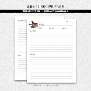 Fillable 8.5 x 11 Recipe Page With Cooking Pot Design, Printable Instant Download