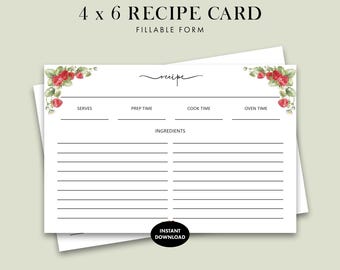 Fillable 4 x 6 Recipe Card With a Strawberry Theme and Fancy Title, Printable Instant Download