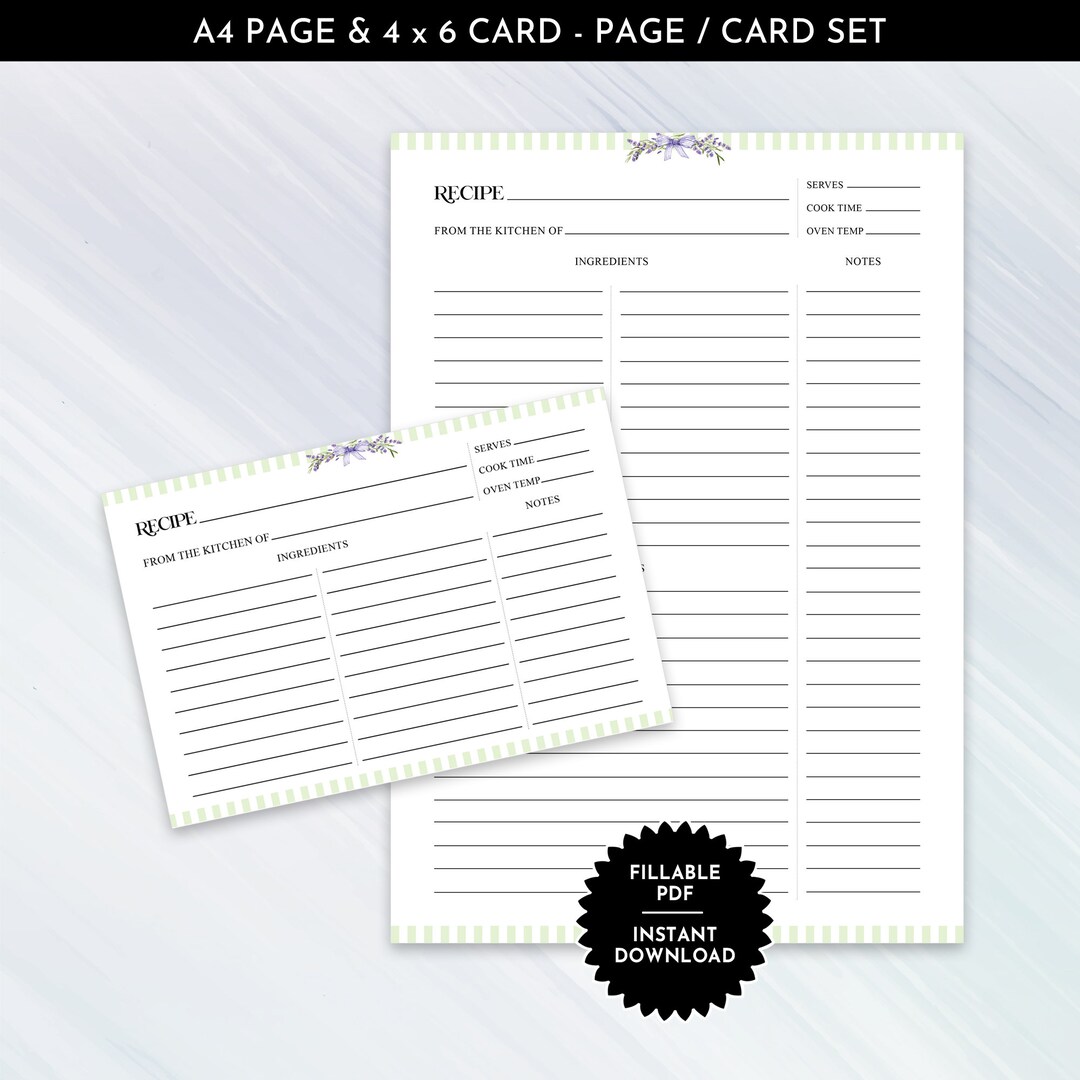 Printable A4 Recipe Page and Card Set With Green Stripe - Etsy