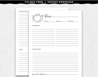Fillable 8.5 x 11 Recipe Page With Plate Design, Printable Instant Download