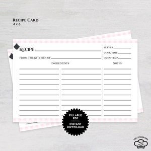 Printable 4 x 6 Recipe Card With Pink Gingham Border, Fillable Recipe Card, Blank Recipe Card, Gift for Her, Instant Download Recipe Card