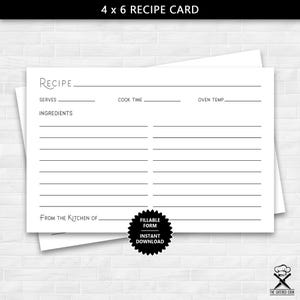 Afdrukbare receptenkaart van 4 x 6 met een stijlvolle titel, invulbaar formulier Receptkaart voor koken, blanco receptenkaart, receptenkaart direct downloaden