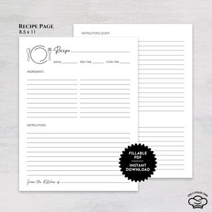 Printable 8.5 x 11 Recipe Page With Plate Design, Fillable Recipe Page, Blank Recipe Page, Gift for her, Instant Download Recipe Page